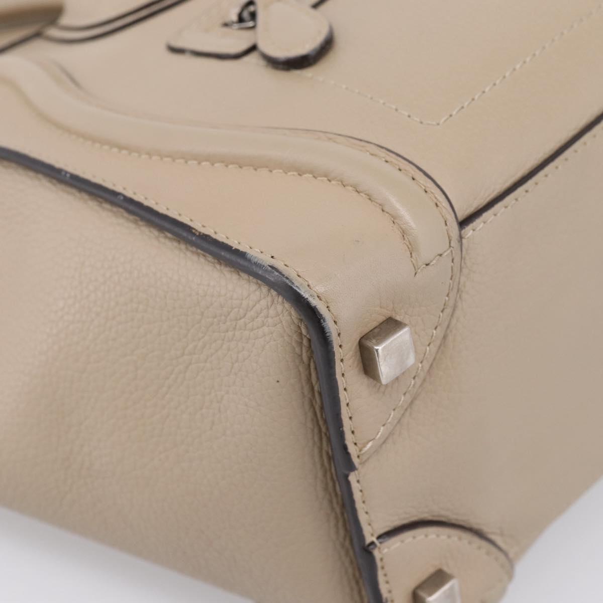 CELINE Luggage Micro Shopper Hand Bag Leather Beige Silver Auth 200973V