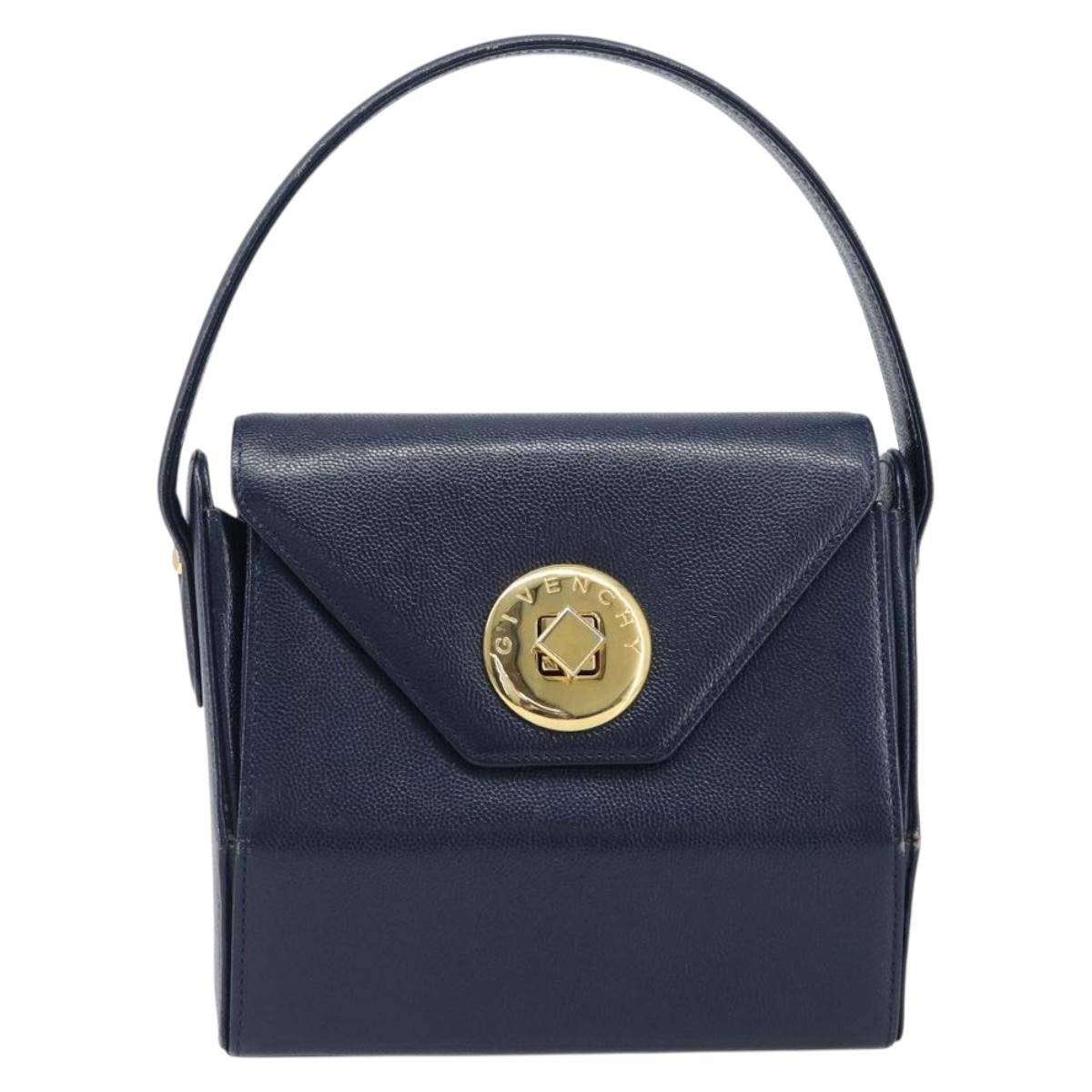 GIVENCHY Hand Bag Leather Navy Gold Auth 200997