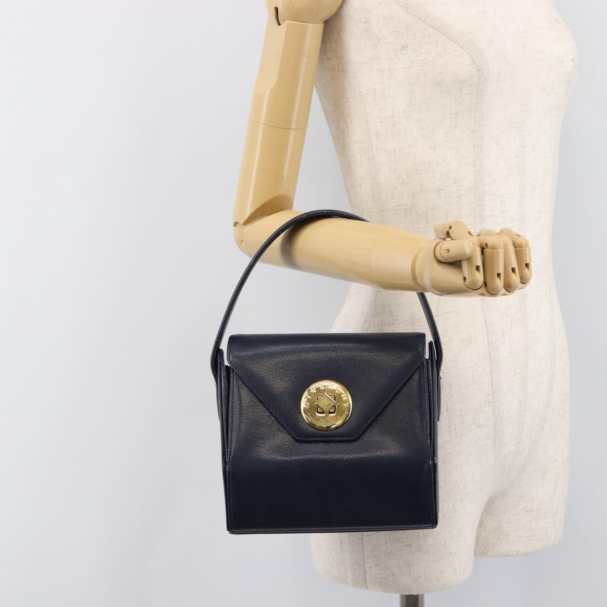 GIVENCHY Hand Bag Leather Navy Gold Auth 200997