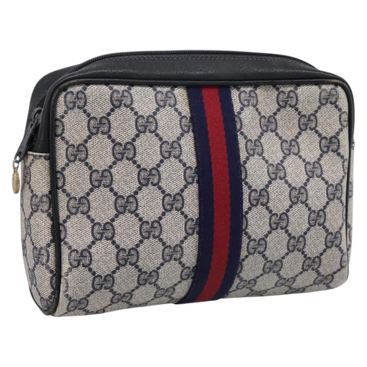 GUCCI GG Supreme Sherry Line Clutch Bag PVC Navy Gold 010 378 Auth 200999