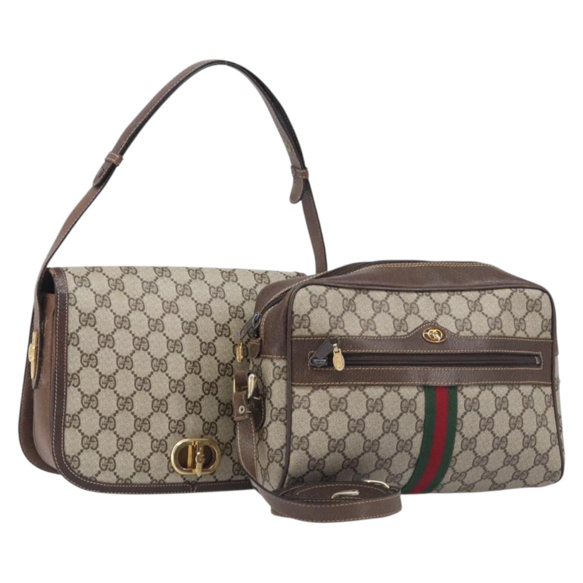 GUCCI GG Supreme Web Sherry Line Shoulder Bag PVC 2 Set Beige Auth 201091