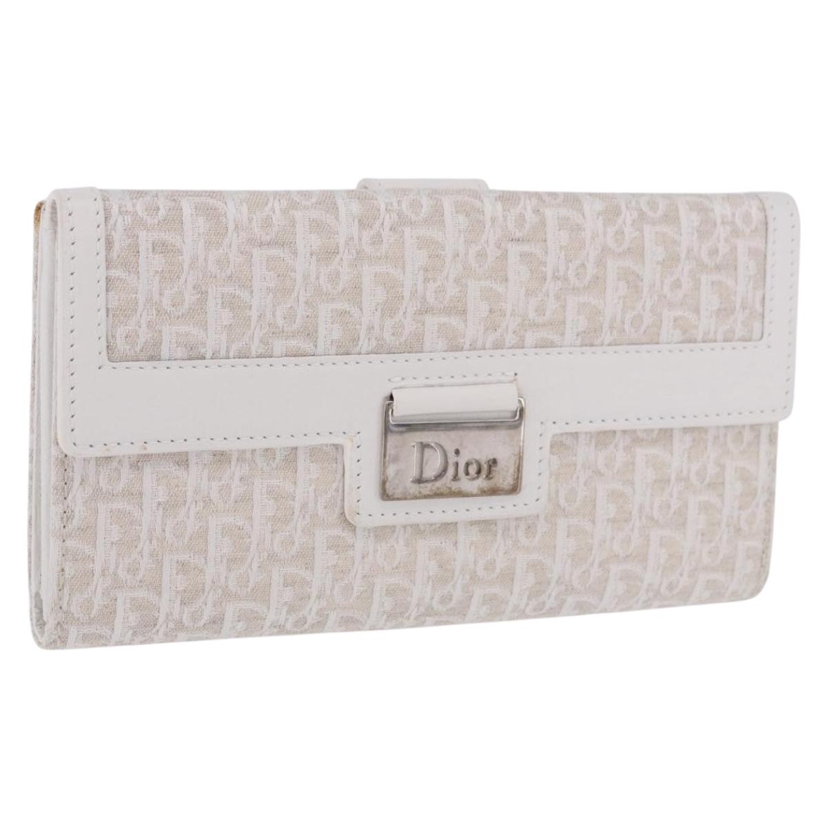 Christian Dior Trotter Canvas Long Wallet Beige Silver Auth 201131V