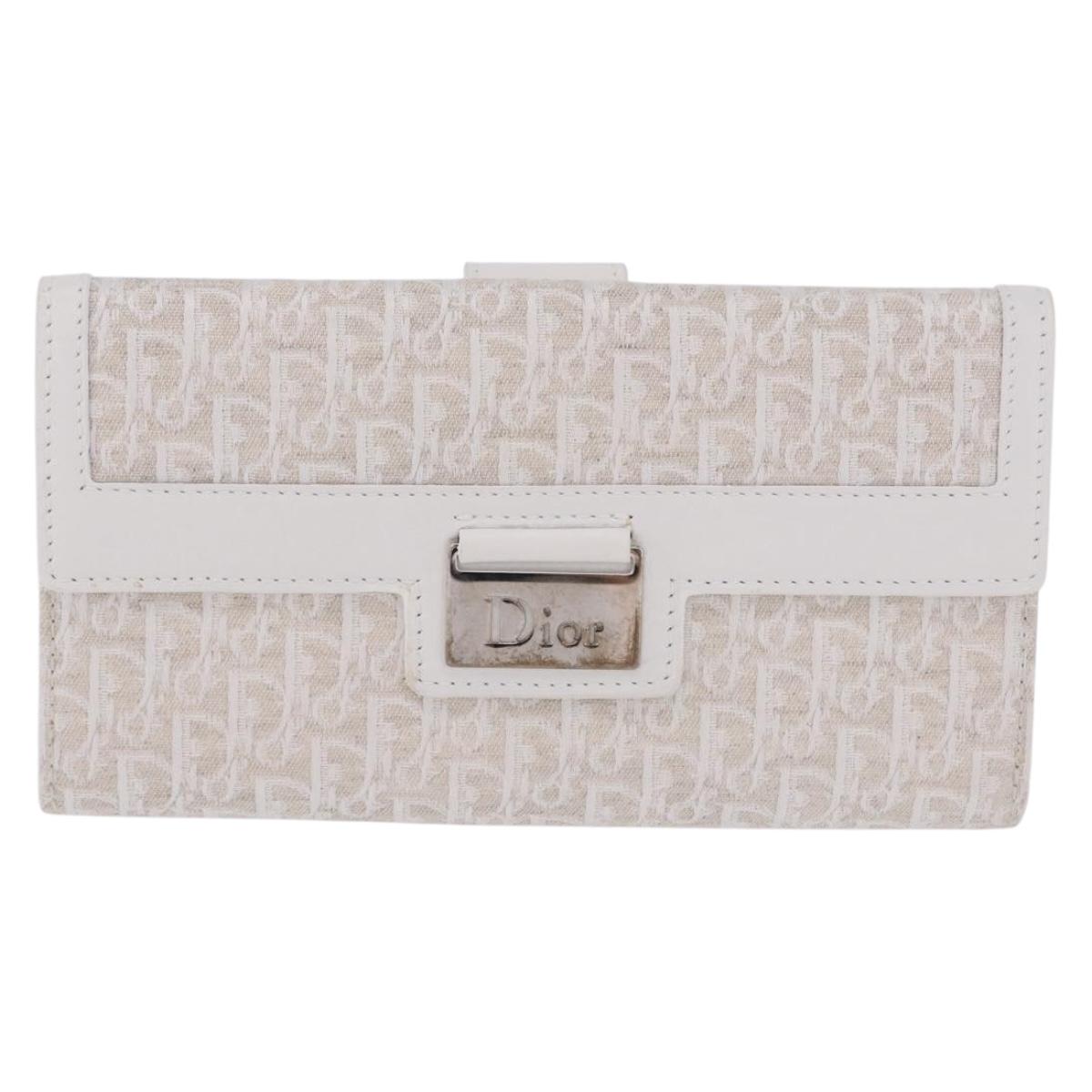 Christian Dior Trotter Canvas Long Wallet Beige Silver Auth 201131V