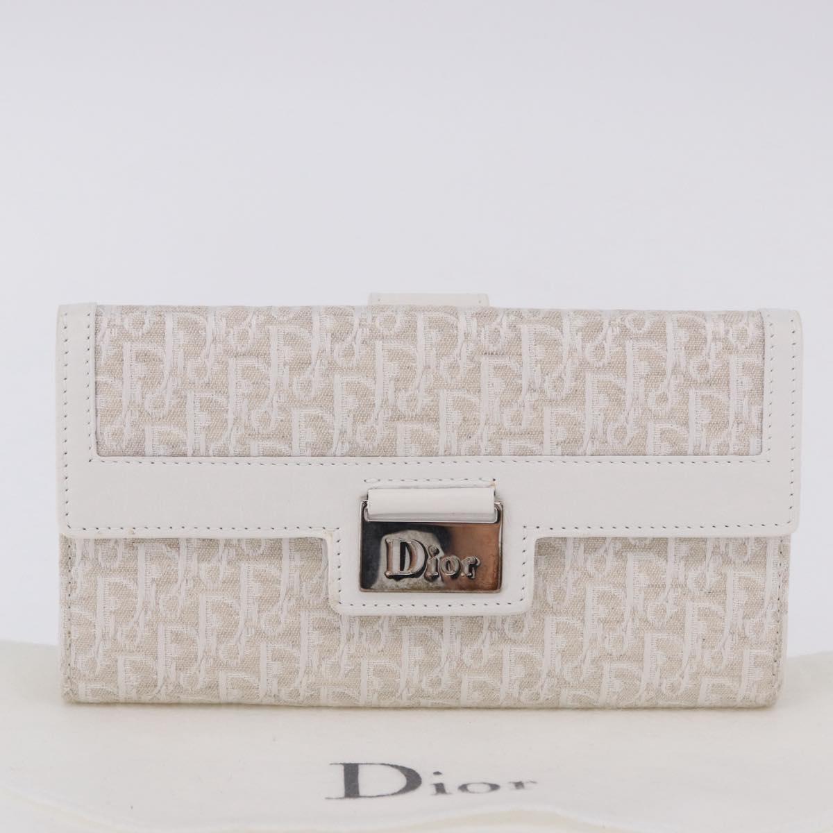 Christian Dior Trotter Canvas Long Wallet Beige Silver Auth 201131V