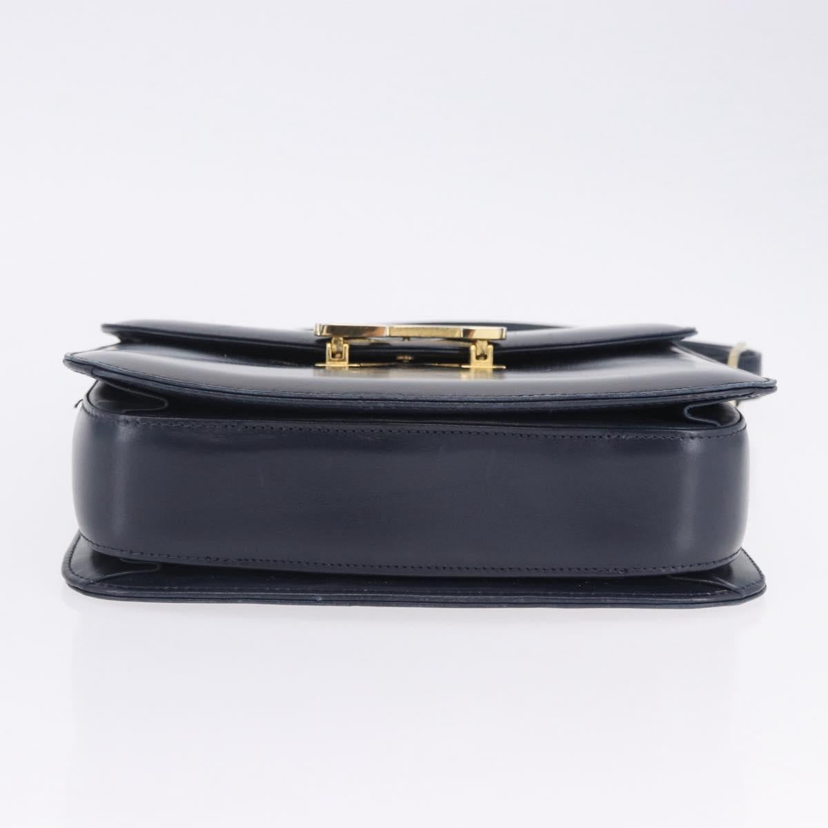 GUCCI Shoulder Bag Leather Navy Gold Tone Auth 201158