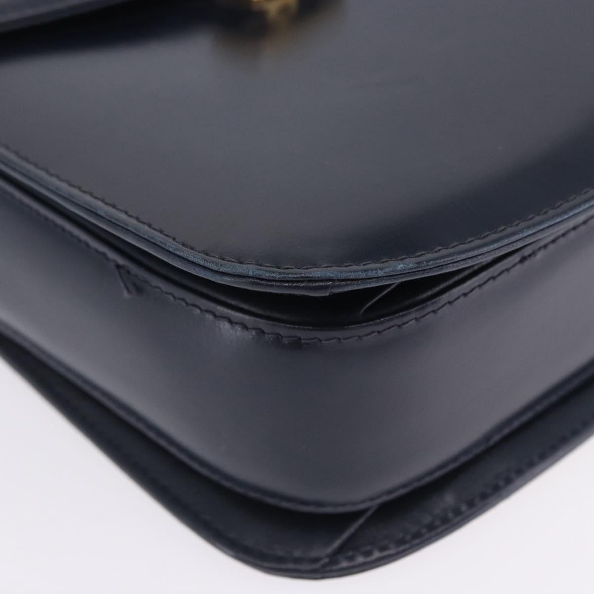 GUCCI Shoulder Bag Leather Navy Gold Tone Auth 201158