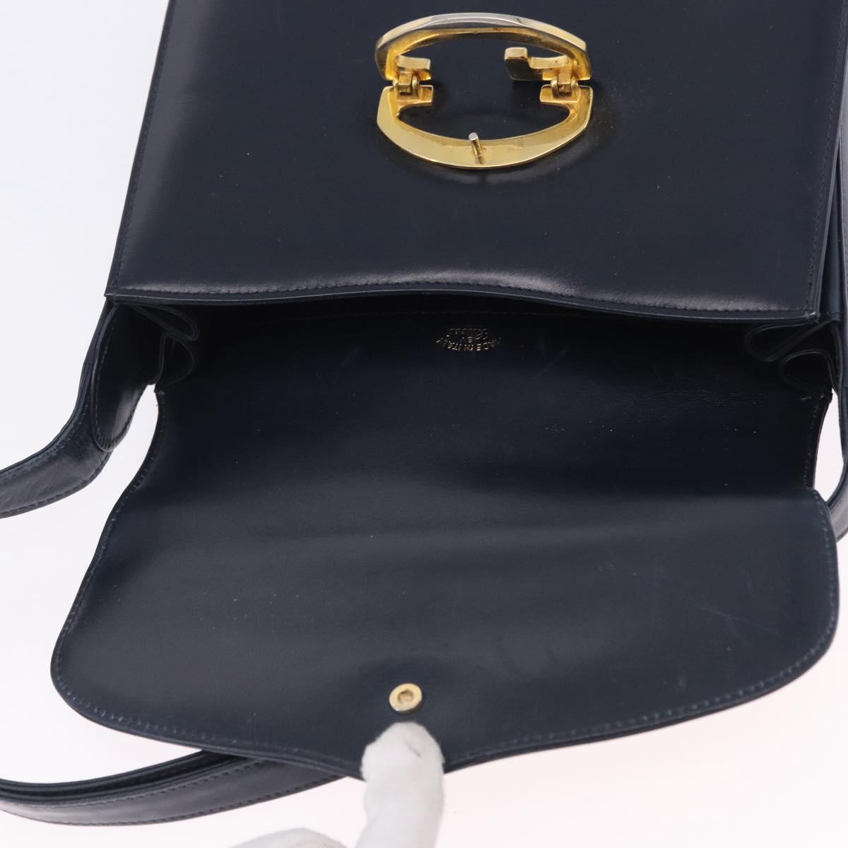 GUCCI Shoulder Bag Leather Navy Gold Tone Auth 201158