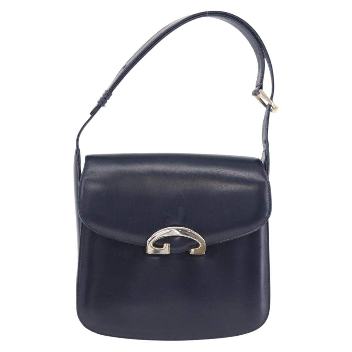GUCCI Shoulder Bag Leather Navy Gold Tone Auth 201158