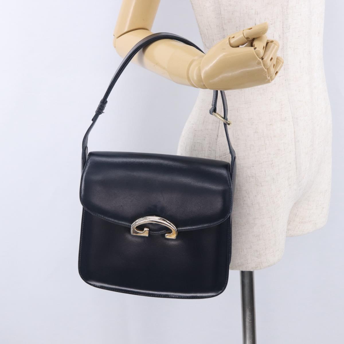 GUCCI Shoulder Bag Leather Navy Gold Tone Auth 201158