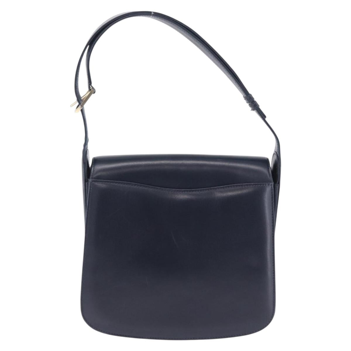 GUCCI Shoulder Bag Leather Navy Gold Tone Auth 201158