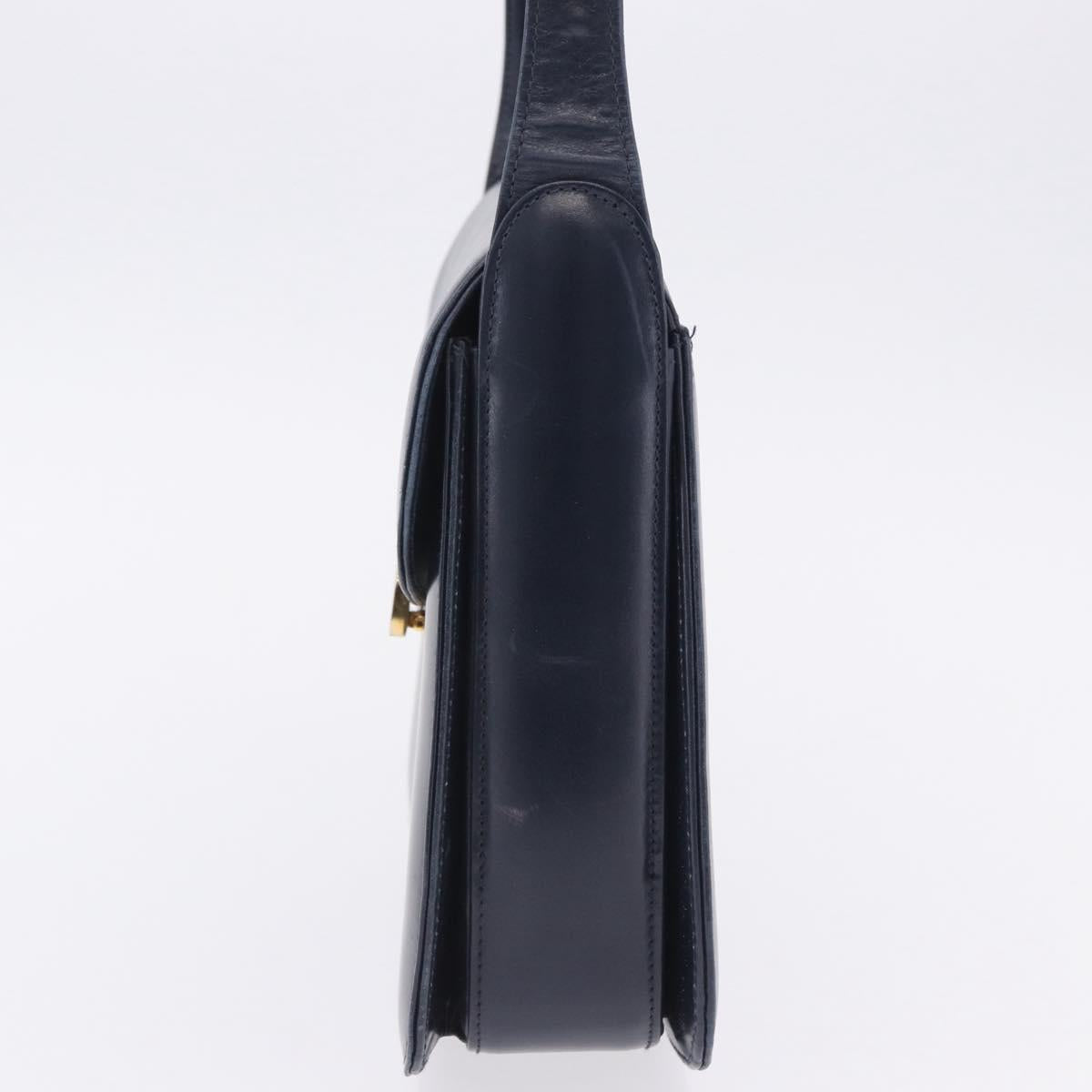 GUCCI Shoulder Bag Leather Navy Gold Tone Auth 201158