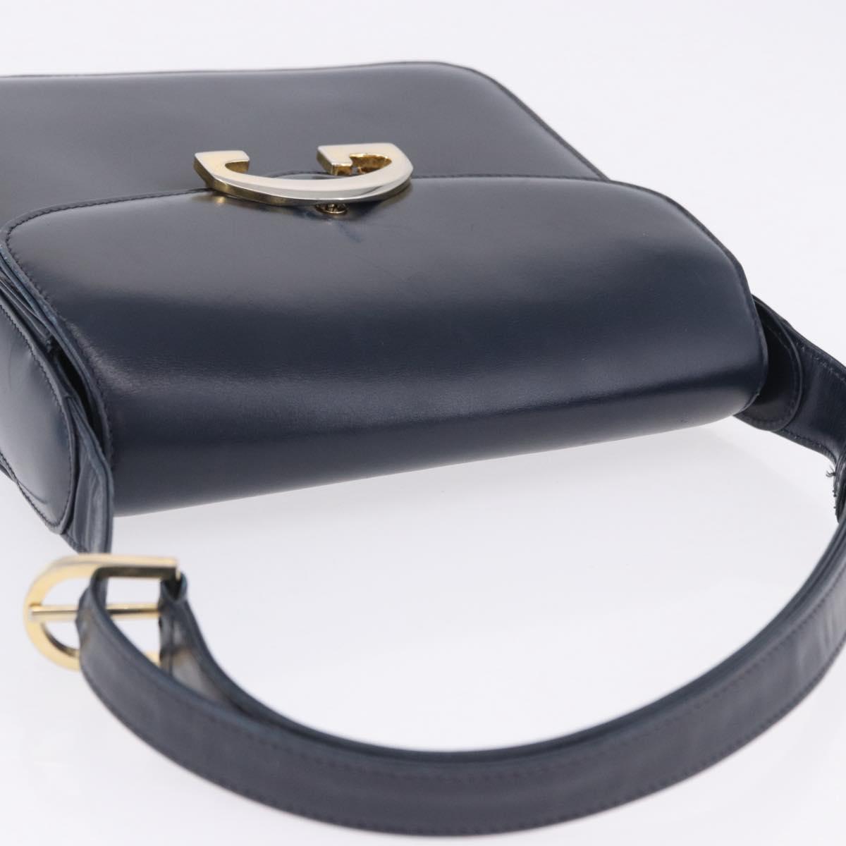 GUCCI Shoulder Bag Leather Navy Gold Tone Auth 201158