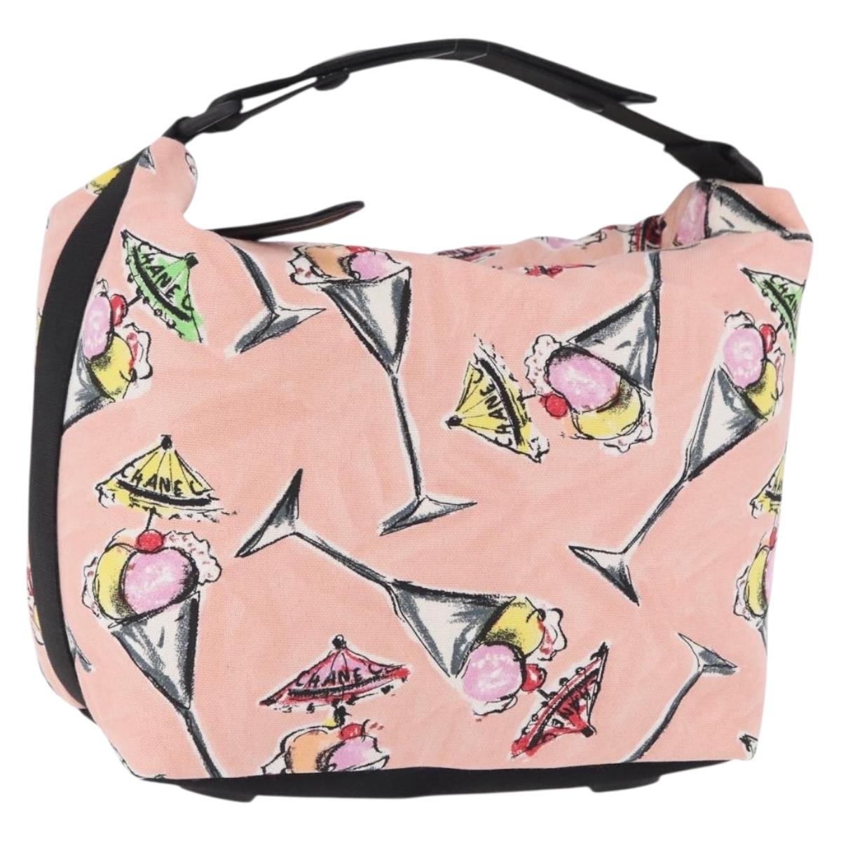 CHANEL Ice Cream Pattern Shoulder Bag Canvas Pink Black CC Auth 201171V