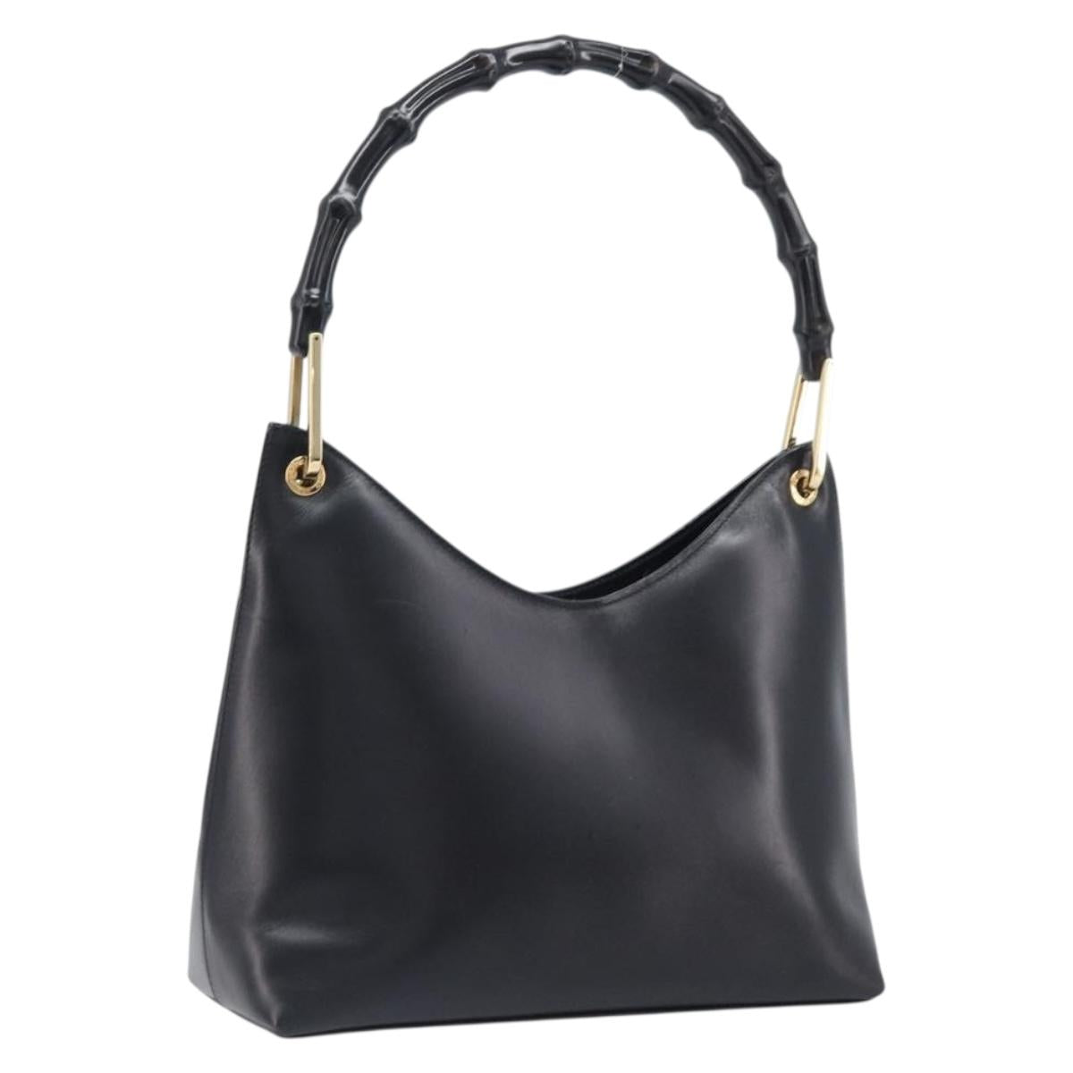 GUCCI Bamboo Hand Bag Leather Black Gold Tone 001 3008 Auth 201175