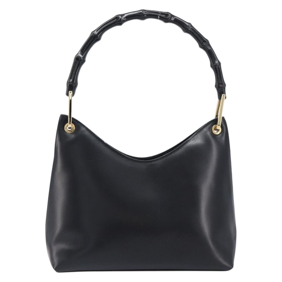 GUCCI Bamboo Hand Bag Leather Black Gold Tone 001 3008 Auth 201175