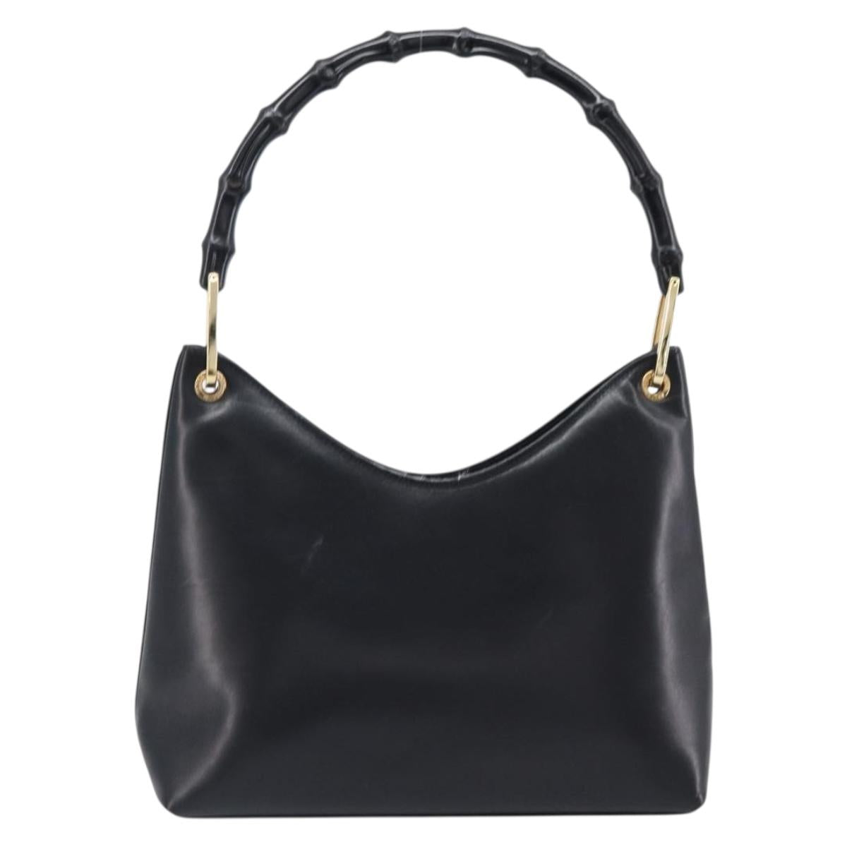 GUCCI Bamboo Hand Bag Leather Black Gold Tone 001 3008 Auth 201175