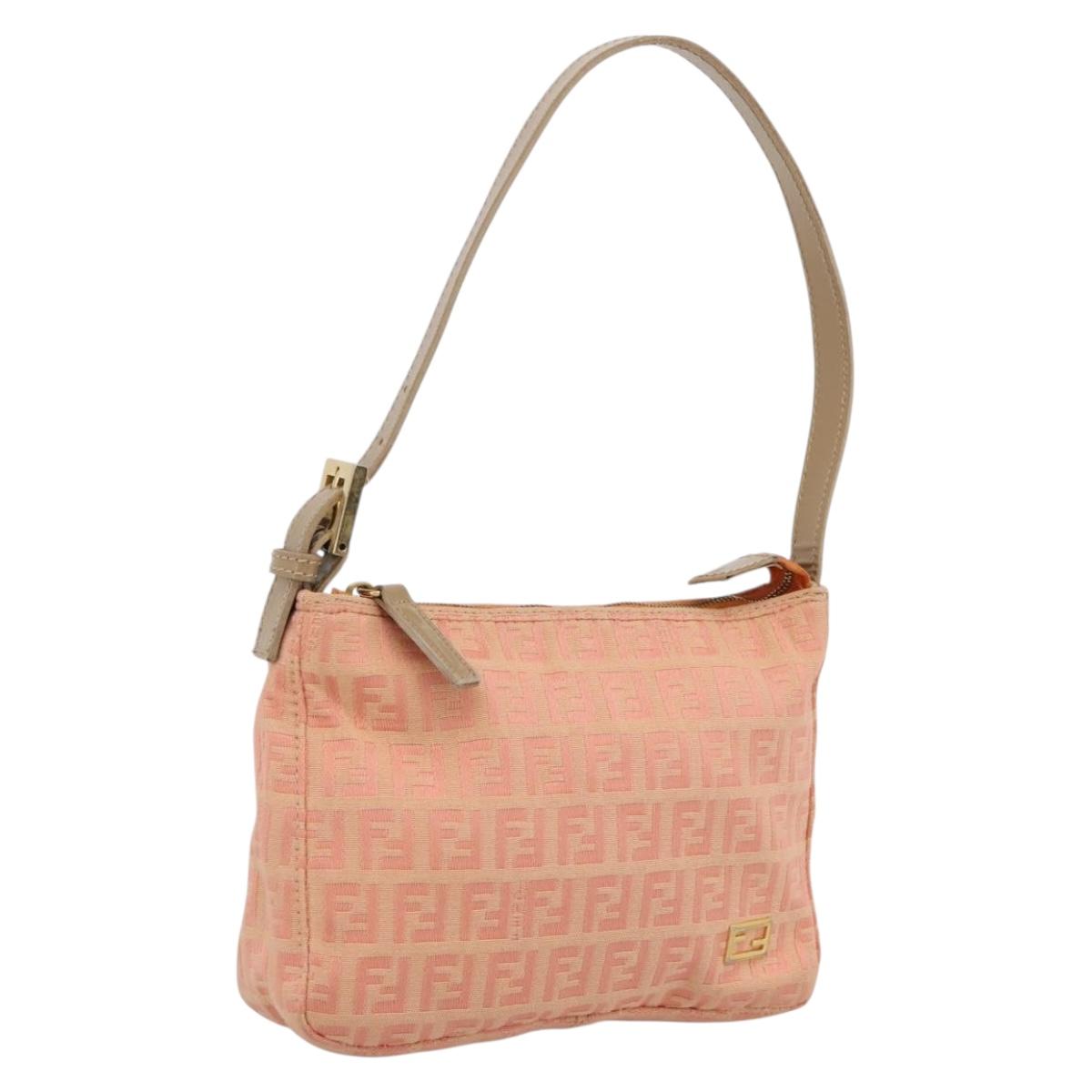 FENDI Zucchino Canvas Hand Bag Pink Gold Tone Auth 201183
