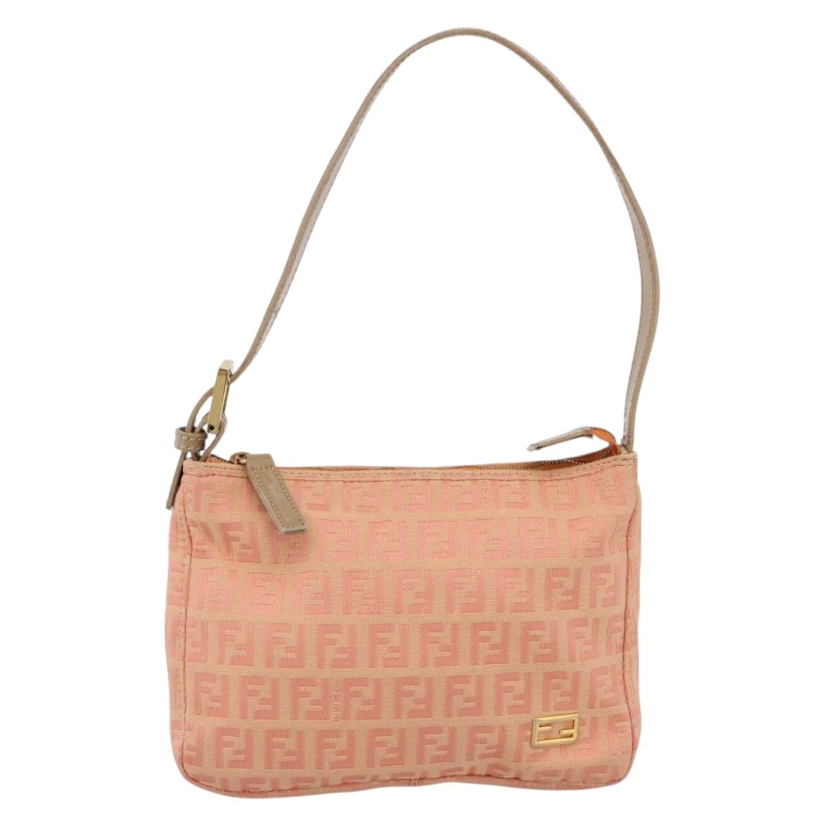 FENDI Zucchino Canvas Hand Bag Pink Gold Tone Auth 201183