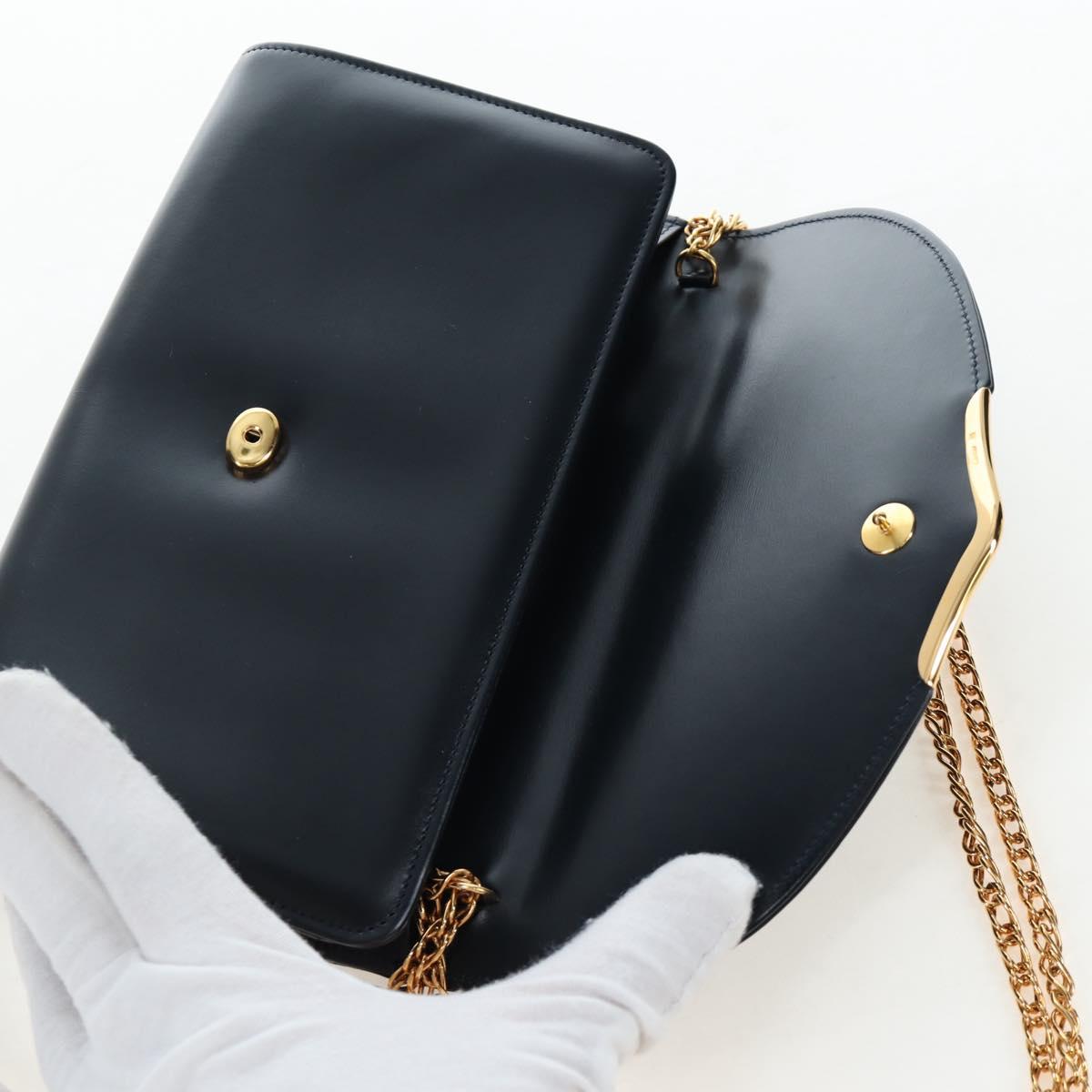 CARTIER Chain Shoulder Bag Leather Navy Gold Auth 201192V