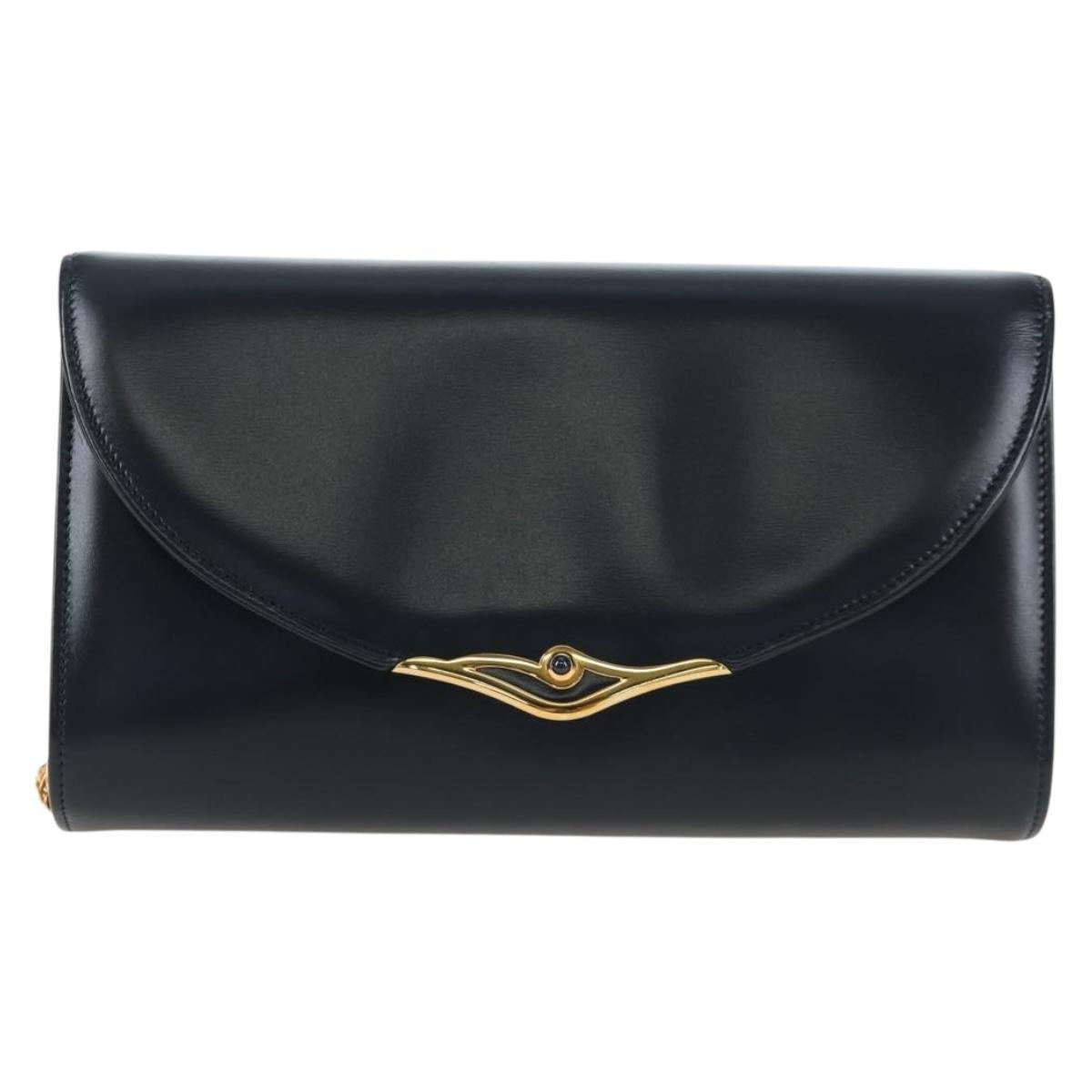 CARTIER Chain Shoulder Bag Leather Navy Gold Auth 201192V