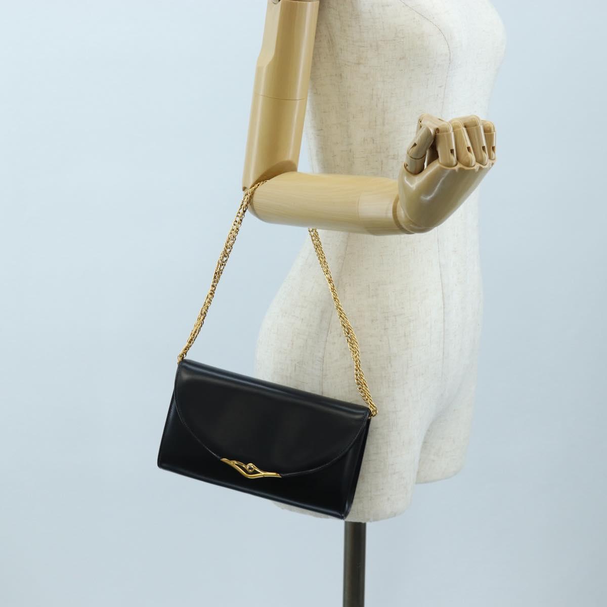 CARTIER Chain Shoulder Bag Leather Navy Gold Auth 201192V