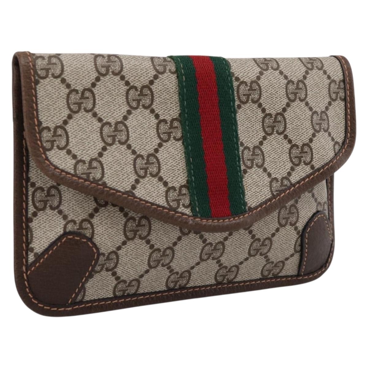 GUCCI GG Supreme Web Sherry Line Pouch PVC Beige Auth 201201A