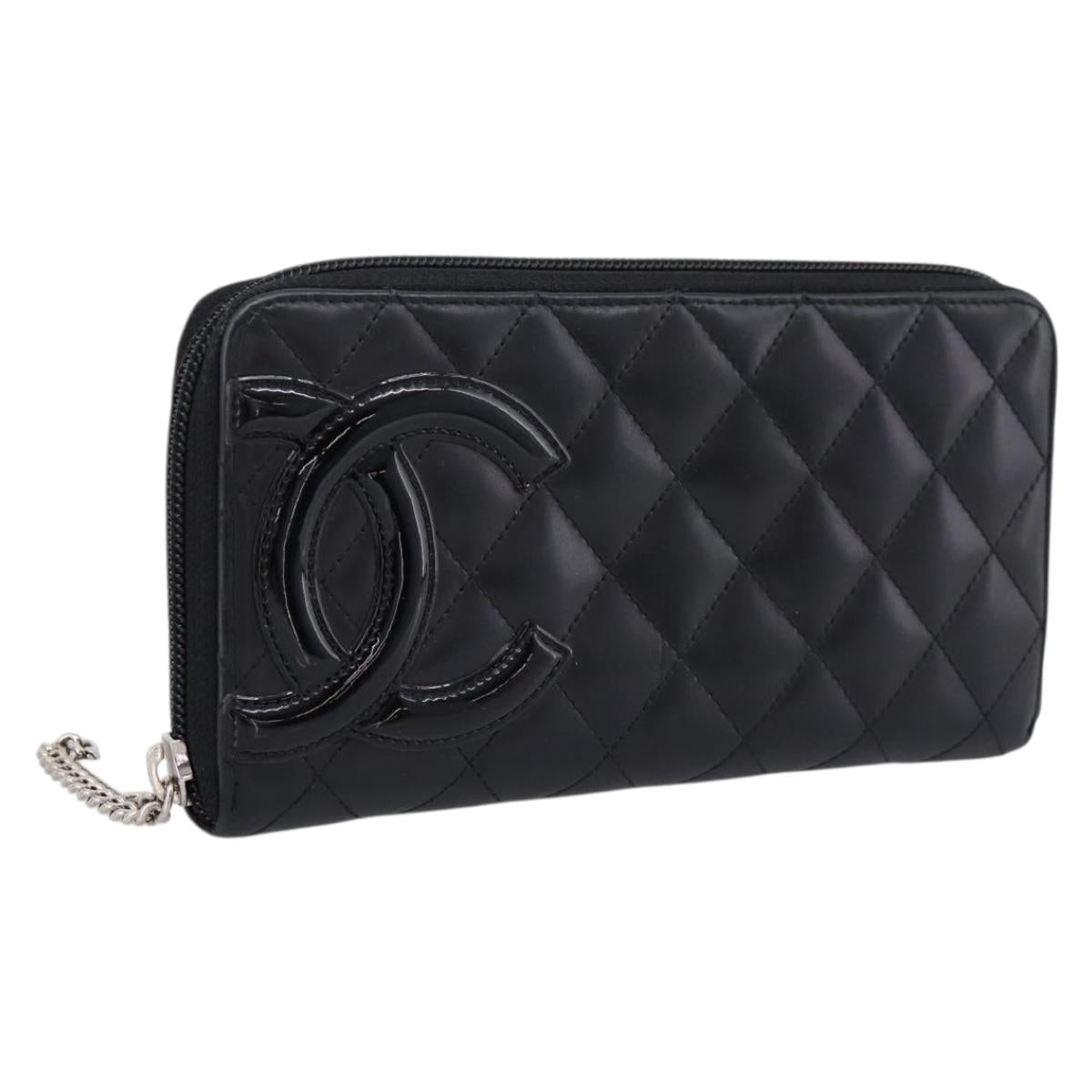 CHANEL Cambon Line Matelasse Long Wallet Leather Black Silver CC Auth 201210A