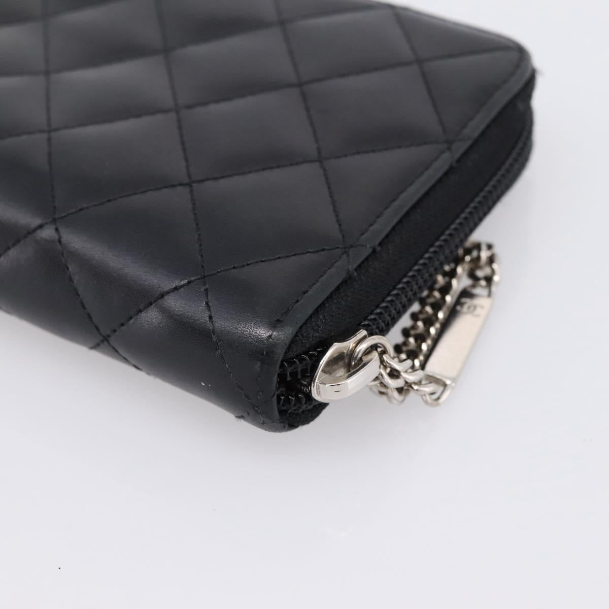 CHANEL Cambon Line Matelasse Long Wallet Leather Black Silver CC Auth 201210A