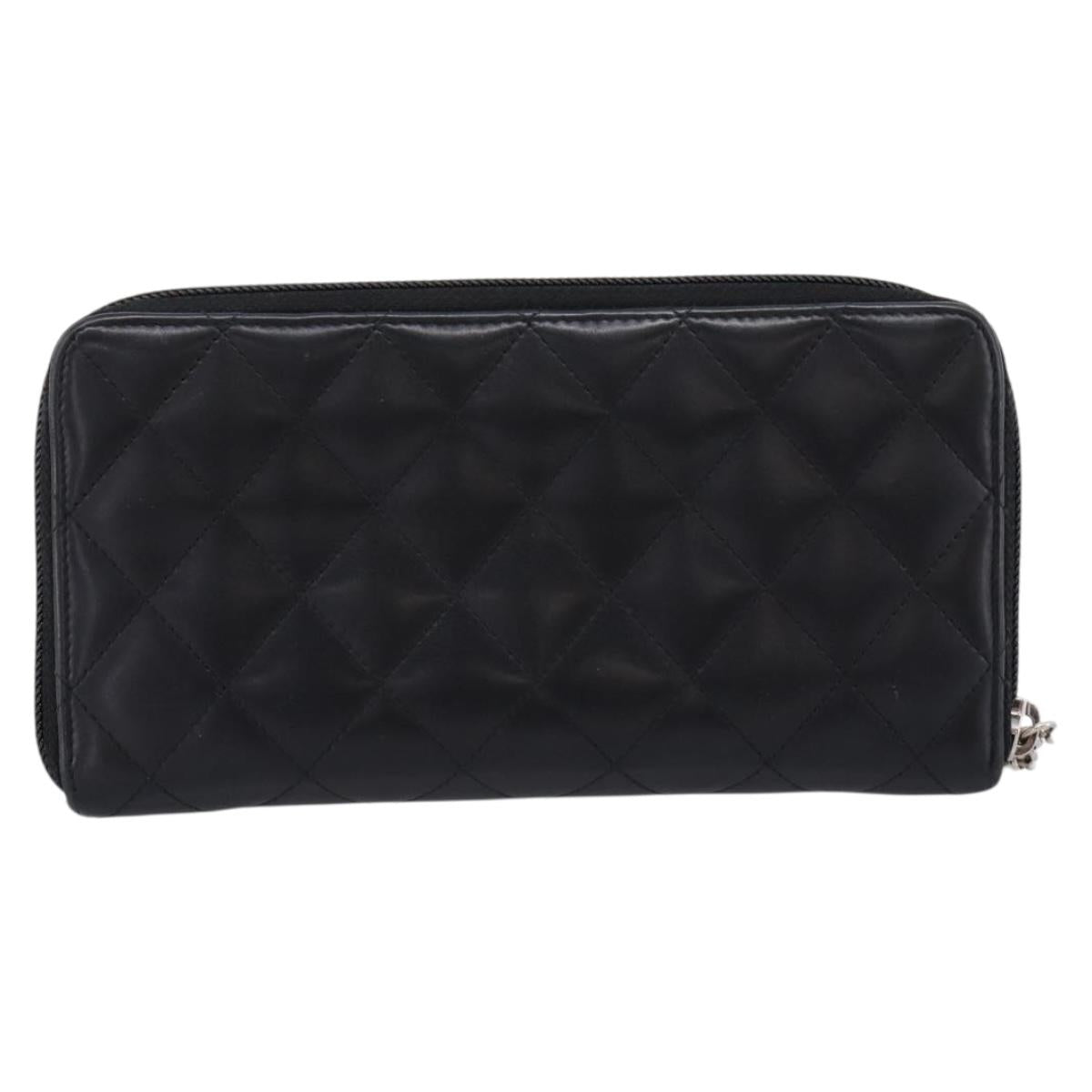 CHANEL Cambon Line Matelasse Long Wallet Leather Black Silver CC Auth 201210A
