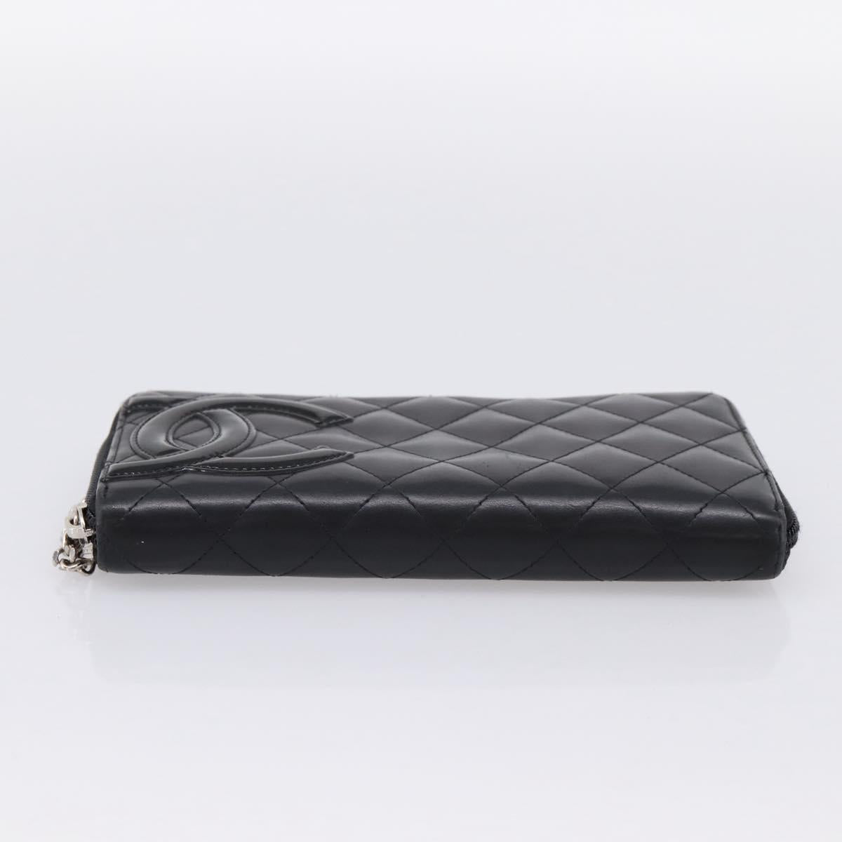 CHANEL Cambon Line Matelasse Long Wallet Leather Black Silver CC Auth 201210A