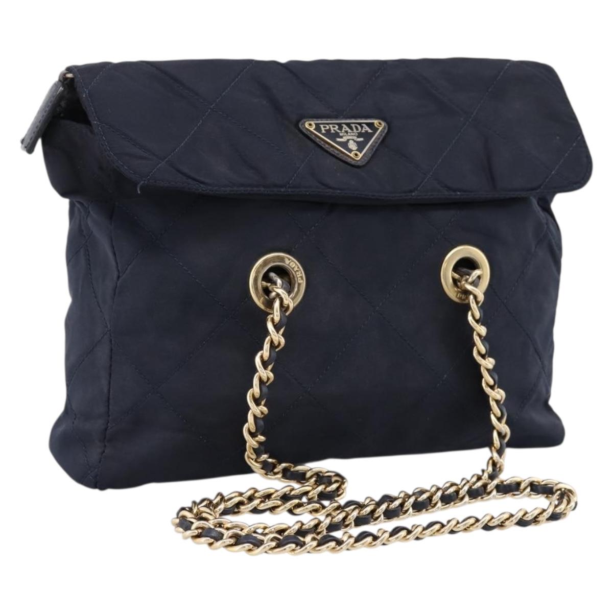 PRADA Chain Shoulder Bag Nylon Navy Gold Tone Auth 201216