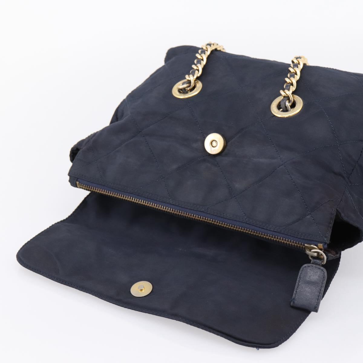 PRADA Chain Shoulder Bag Nylon Navy Gold Tone Auth 201216