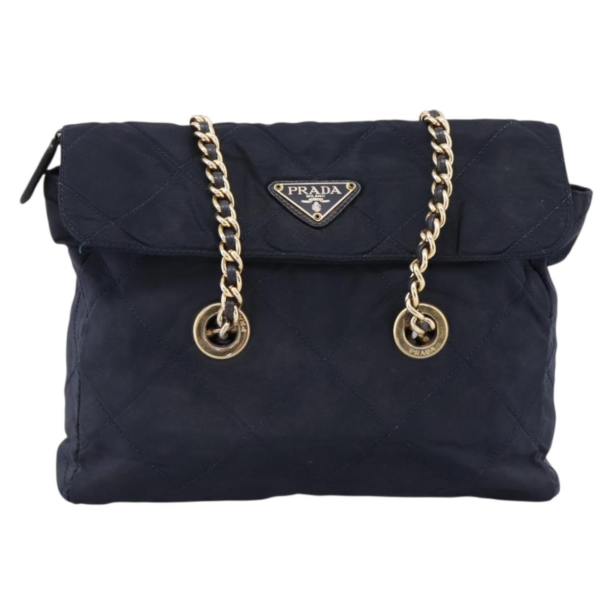 PRADA Chain Shoulder Bag Nylon Navy Gold Tone Auth 201216