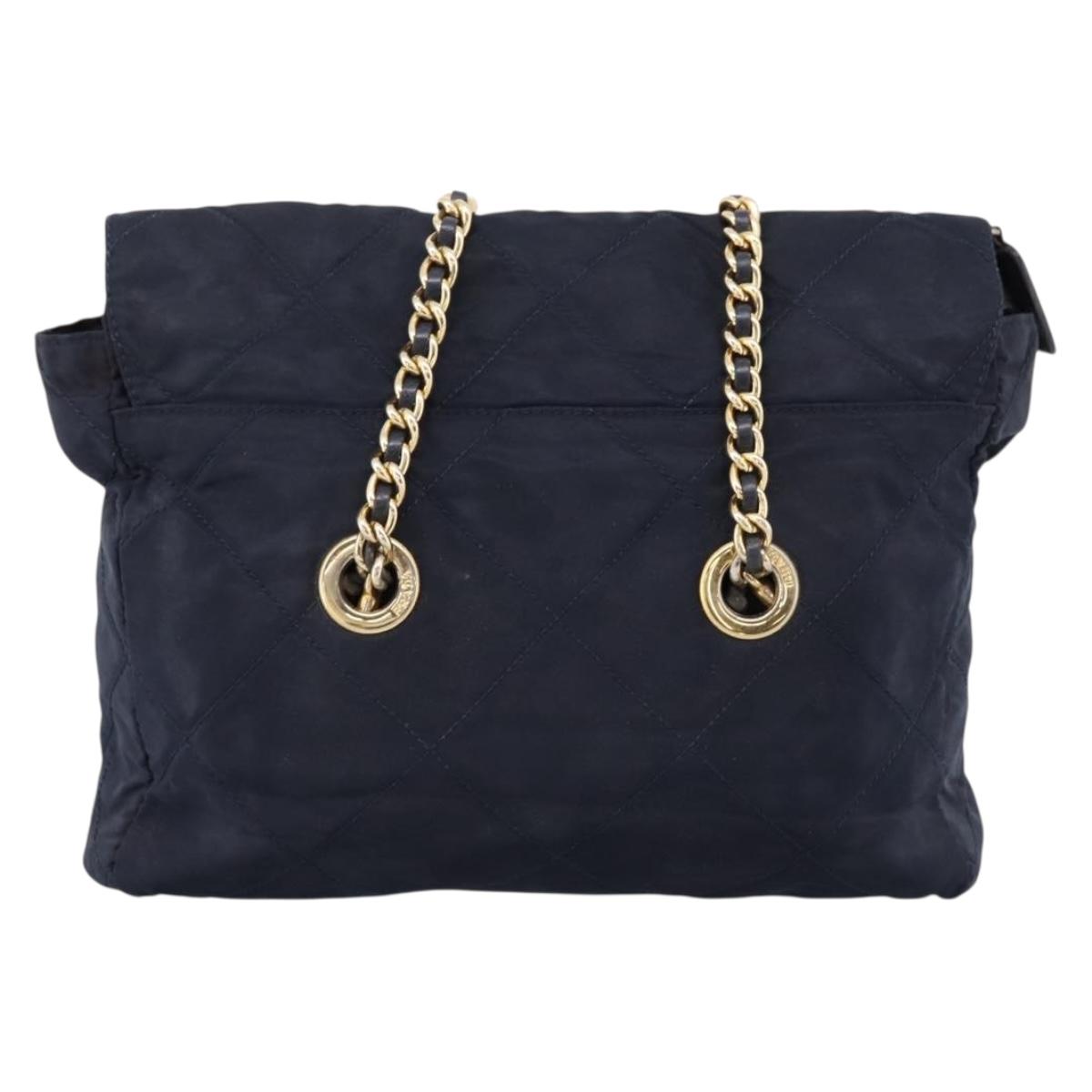 PRADA Chain Shoulder Bag Nylon Navy Gold Tone Auth 201216