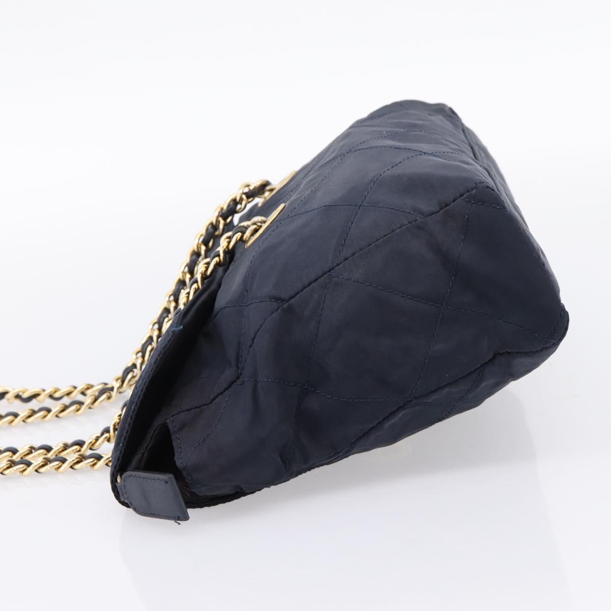 PRADA Chain Shoulder Bag Nylon Navy Gold Tone Auth 201216
