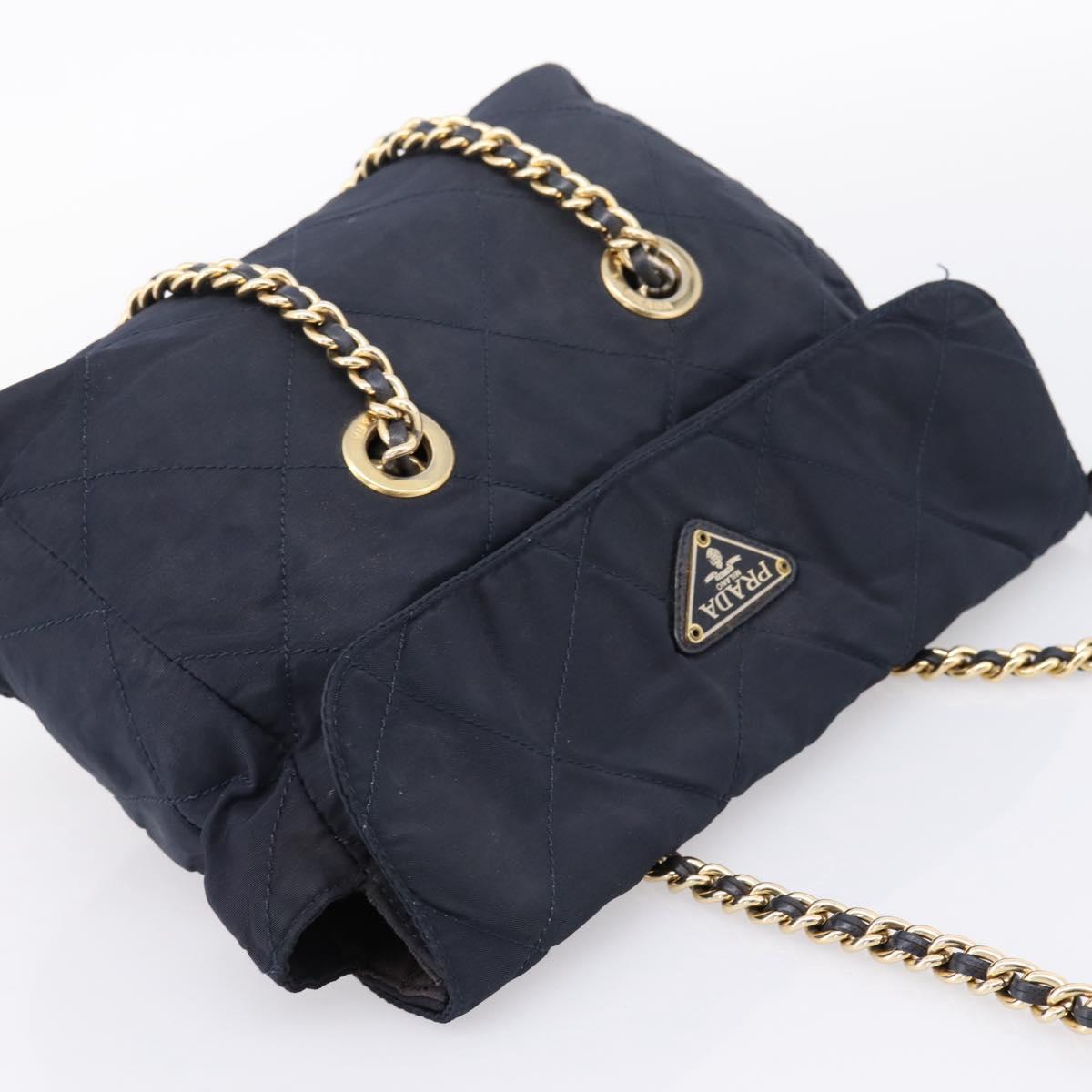 PRADA Chain Shoulder Bag Nylon Navy Gold Tone Auth 201216