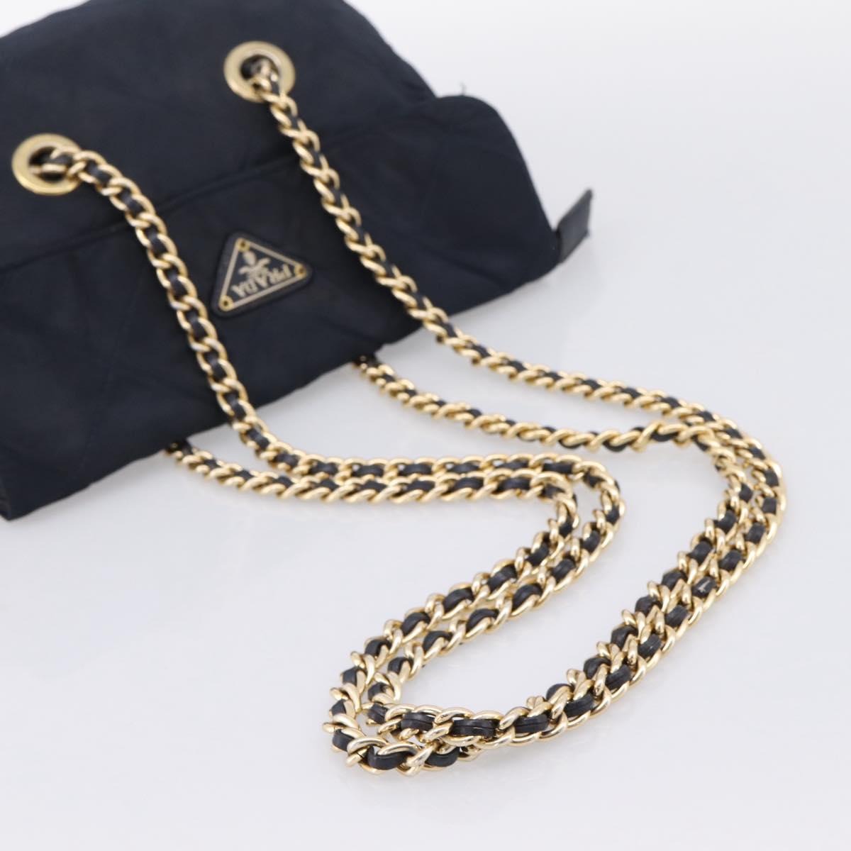 PRADA Chain Shoulder Bag Nylon Navy Gold Tone Auth 201216