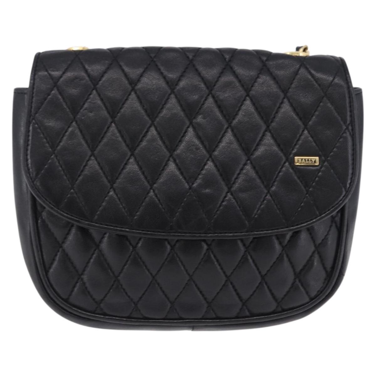 BALLY Chain Shoulder Bag Leather Black Gold Tone Auth 201246