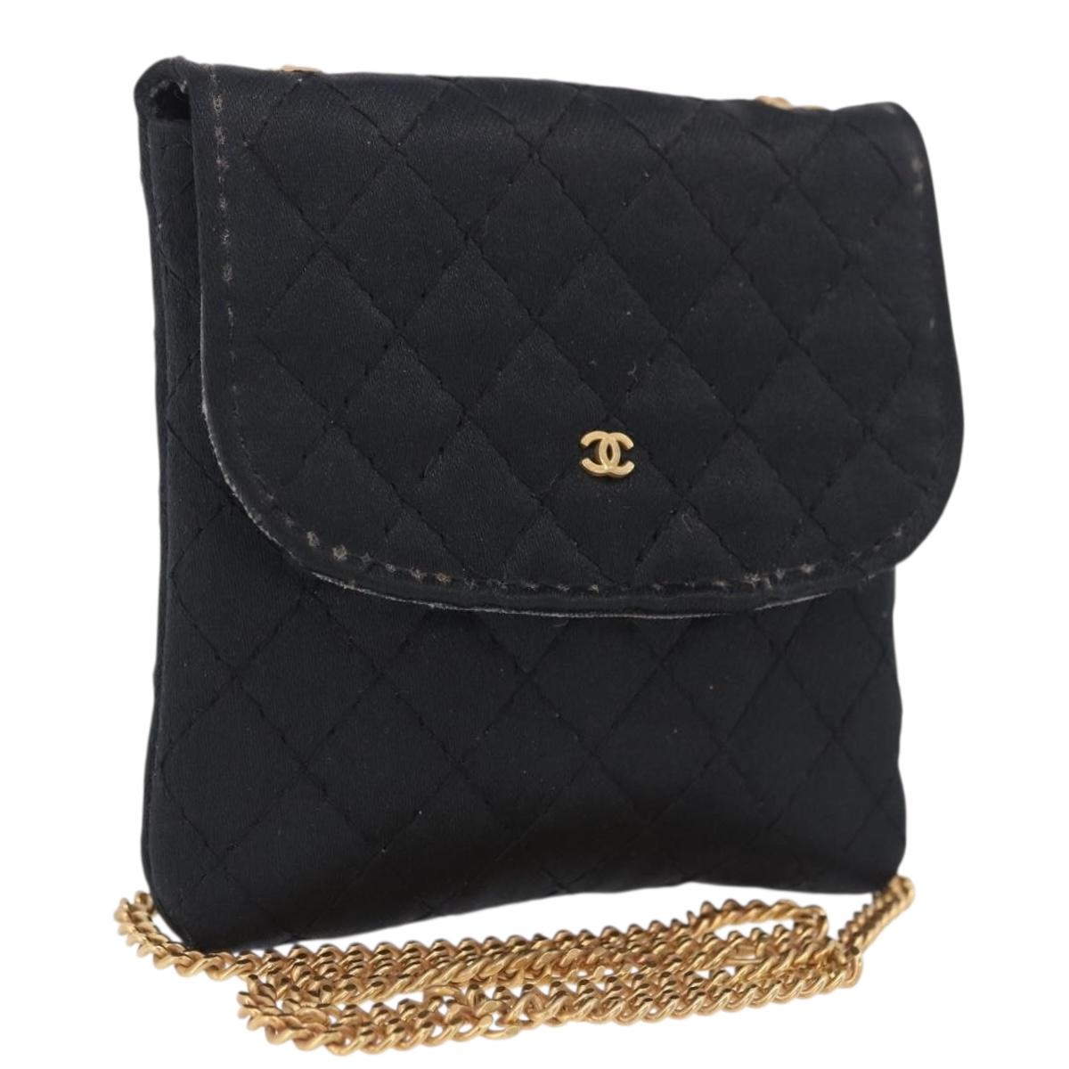 CHANEL Matelasse Chain Shoulder Pouch Satin Black Gold Tone CC Auth 201248
