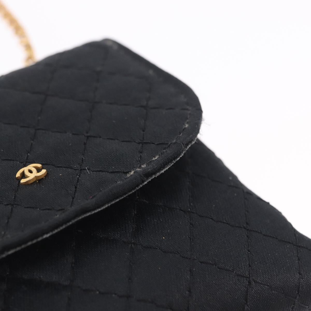 CHANEL Matelasse Chain Shoulder Pouch Satin Black Gold Tone CC Auth 201248