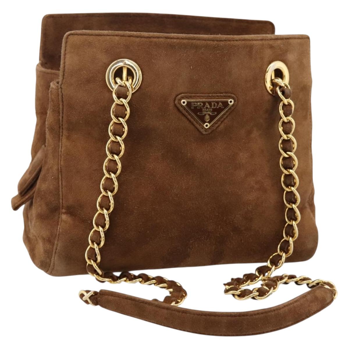 PRADA Chain Shoulder Bag Suede Brown Gold Auth 201258V