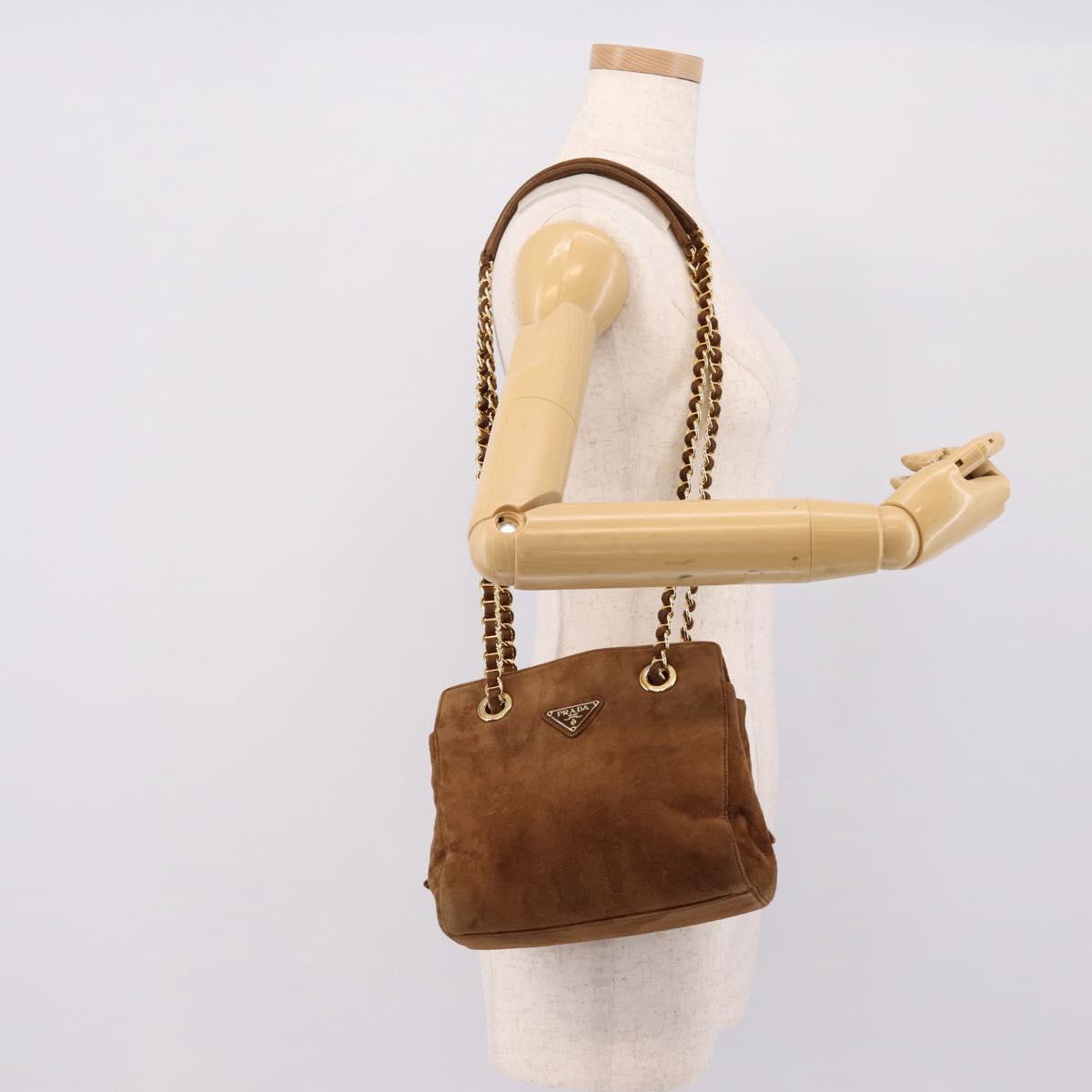 PRADA Chain Shoulder Bag Suede Brown Gold Auth 201258V