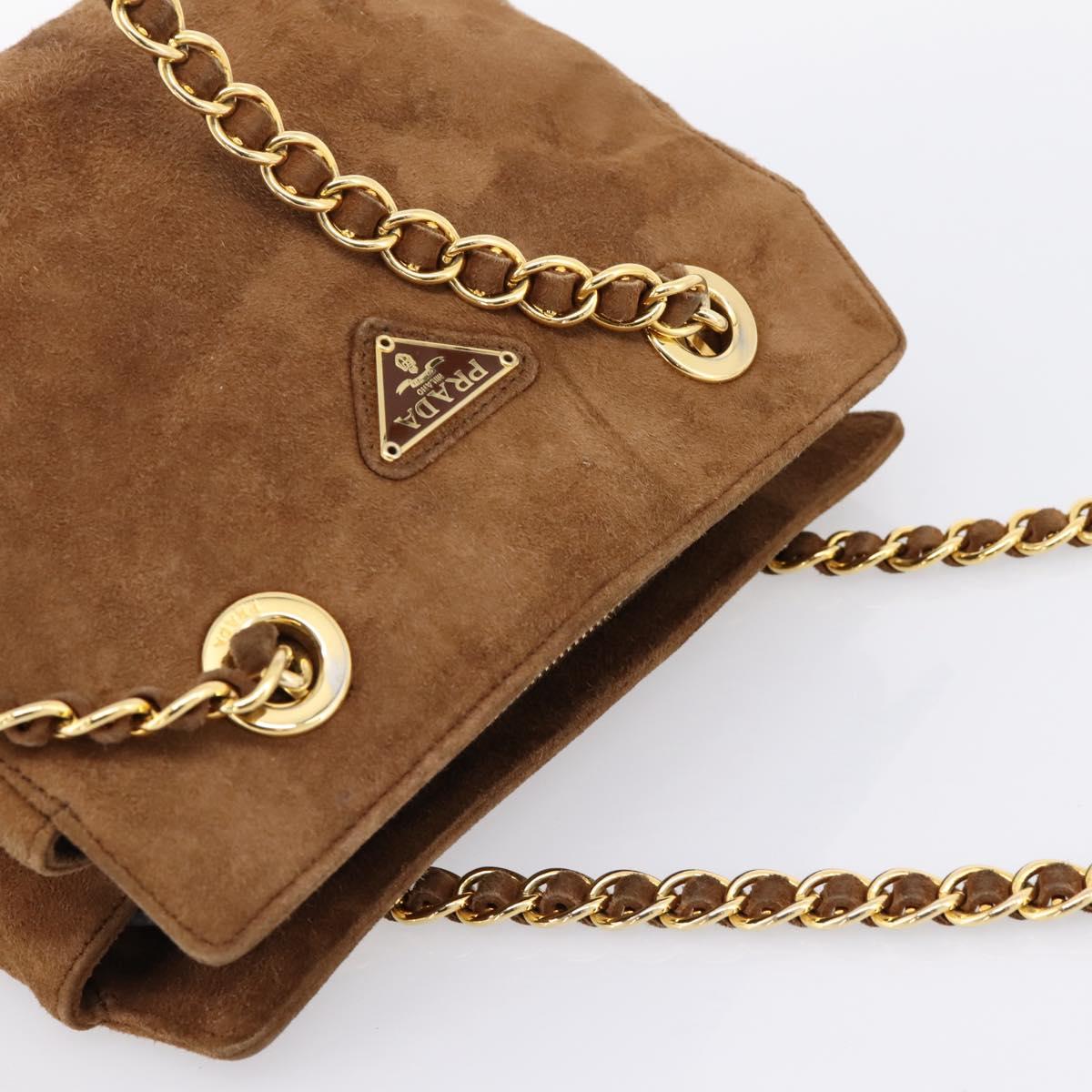 PRADA Chain Shoulder Bag Suede Brown Gold Auth 201258V