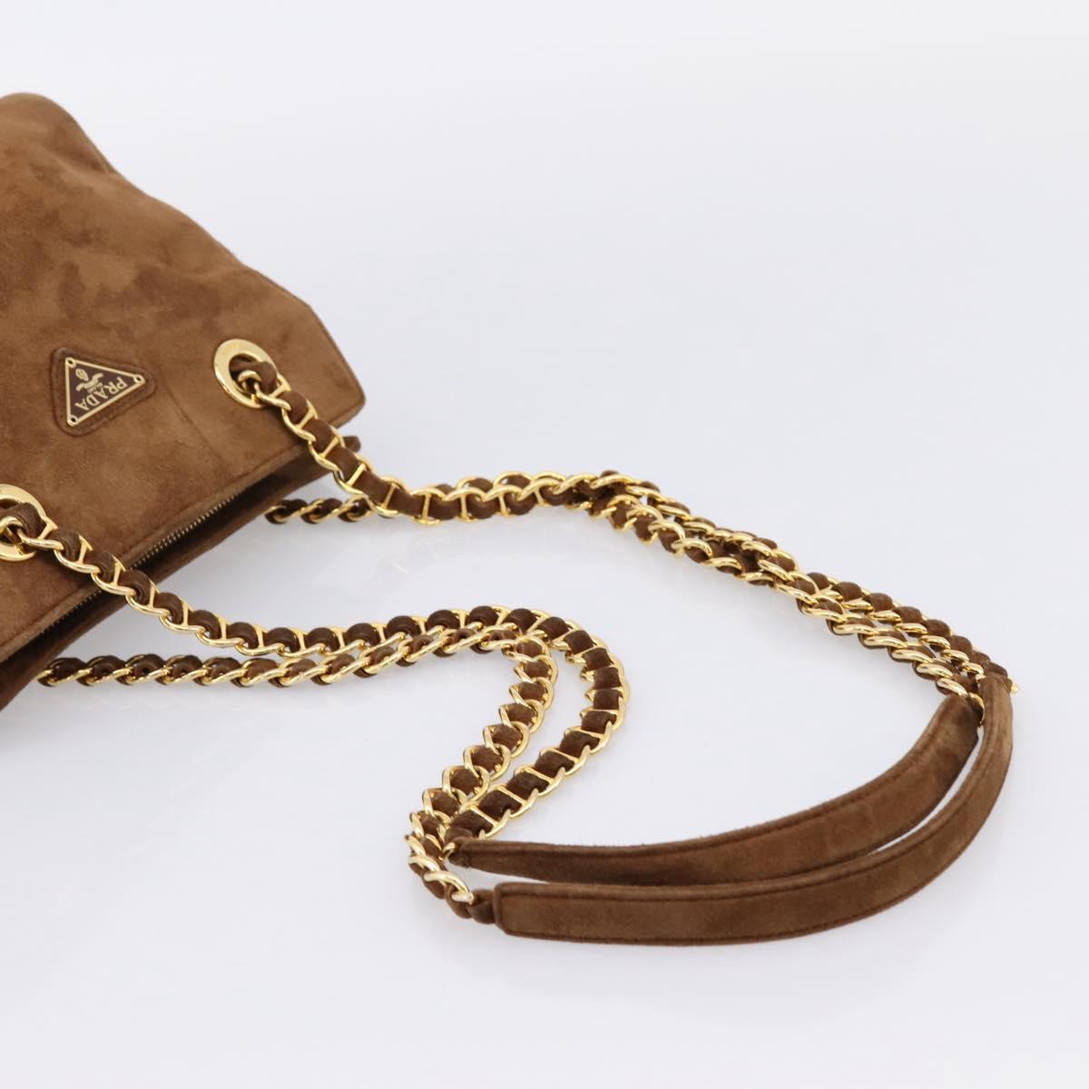 PRADA Chain Shoulder Bag Suede Brown Gold Auth 201258V