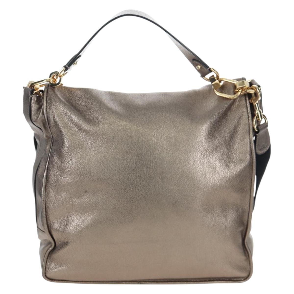 LOEWE Hand Bag Leather 2way Silver Gold Tone Auth 201259V