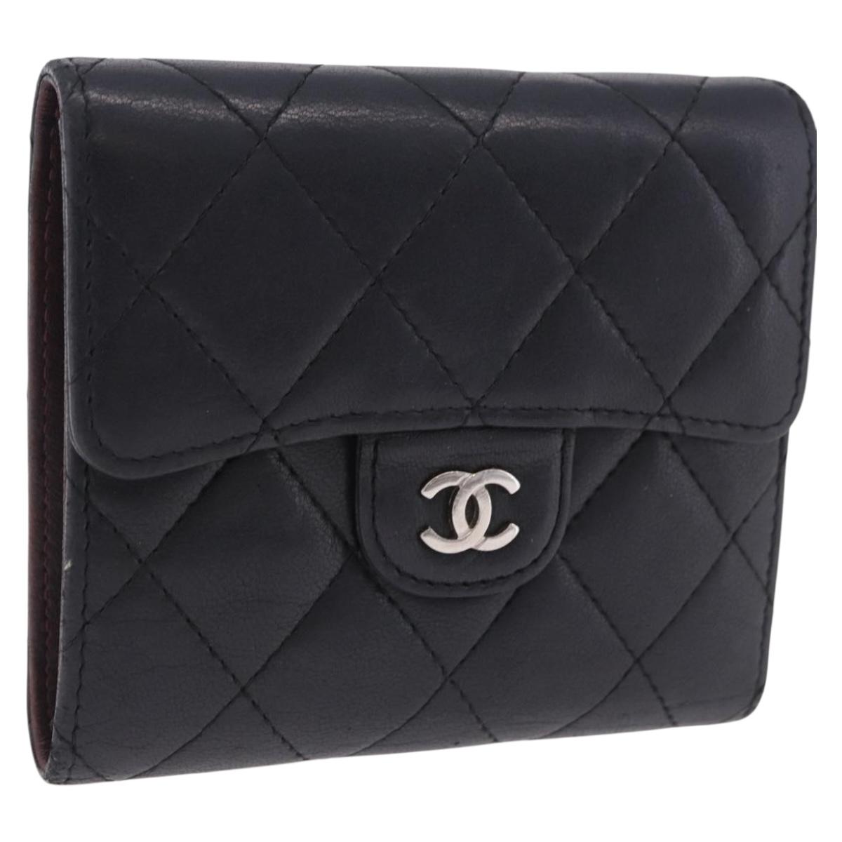 CHANEL Matelasse Bifold Wallet Lamb Skin Black Silver CC Auth 201281A
