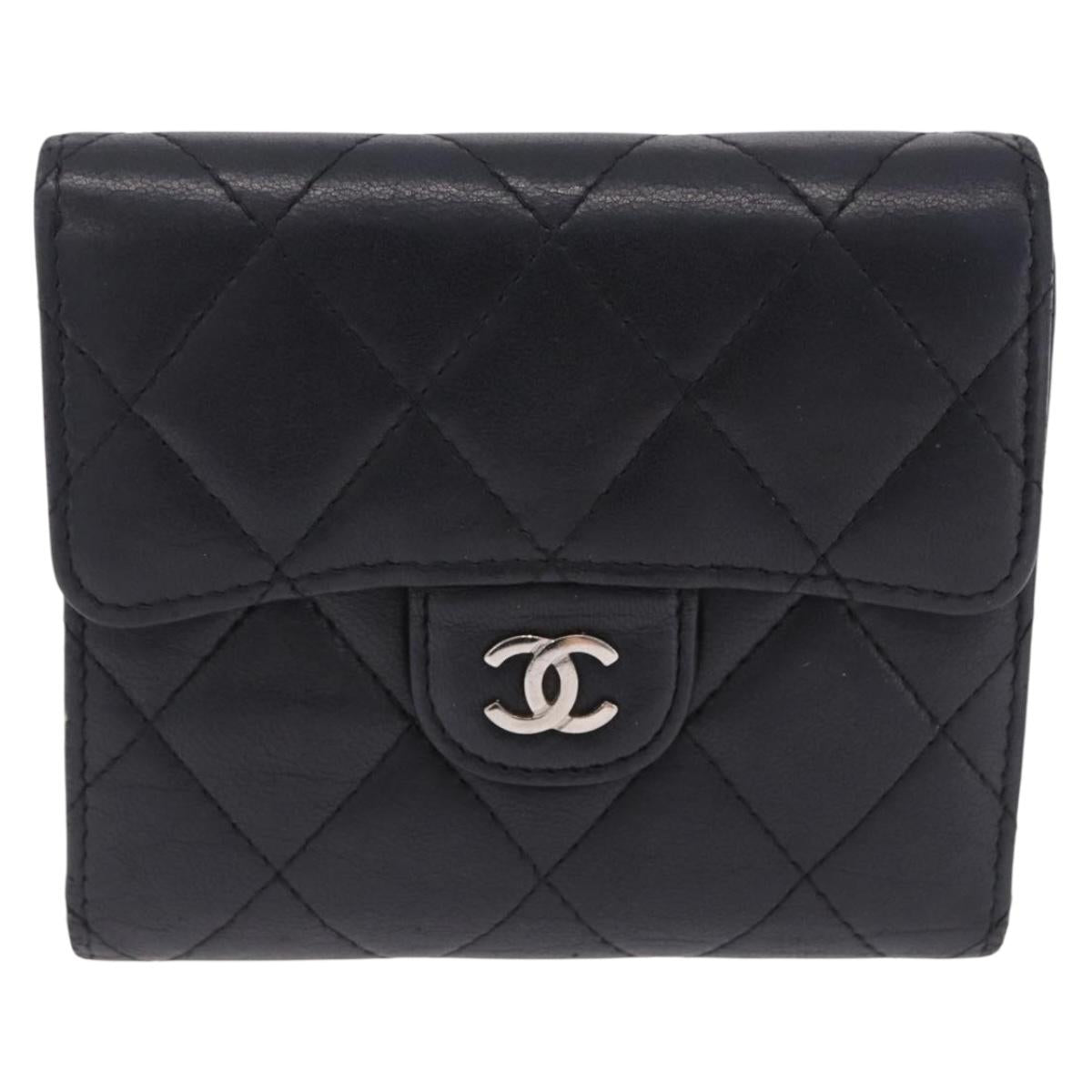 CHANEL Matelasse Bifold Wallet Lamb Skin Black Silver CC Auth 201281A