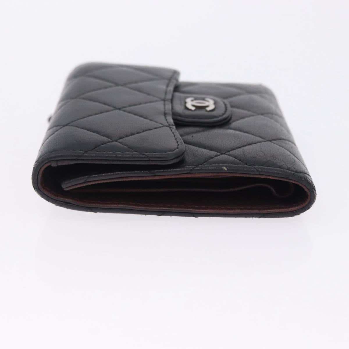 CHANEL Matelasse Bifold Wallet Lamb Skin Black Silver CC Auth 201281A