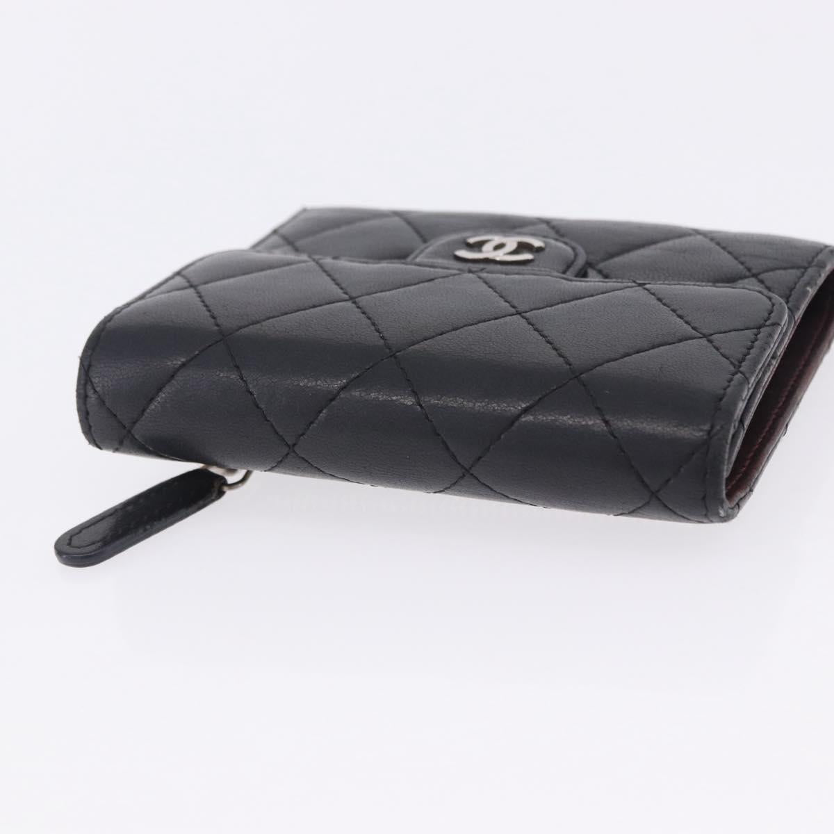 CHANEL Matelasse Bifold Wallet Lamb Skin Black Silver CC Auth 201281A