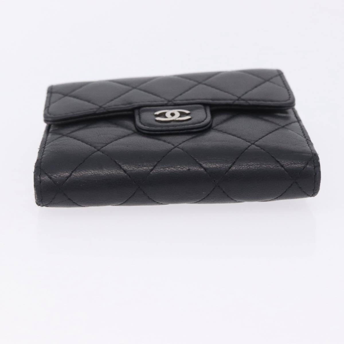 CHANEL Matelasse Bifold Wallet Lamb Skin Black Silver CC Auth 201281A